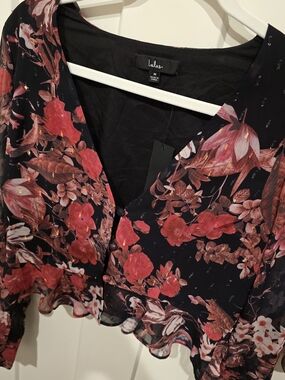 Lulu's Black Floral V-Neck Top with Red & Pink Blooms